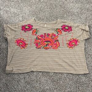 Free People Cream Boxy Embellished Short Sleeve Tee